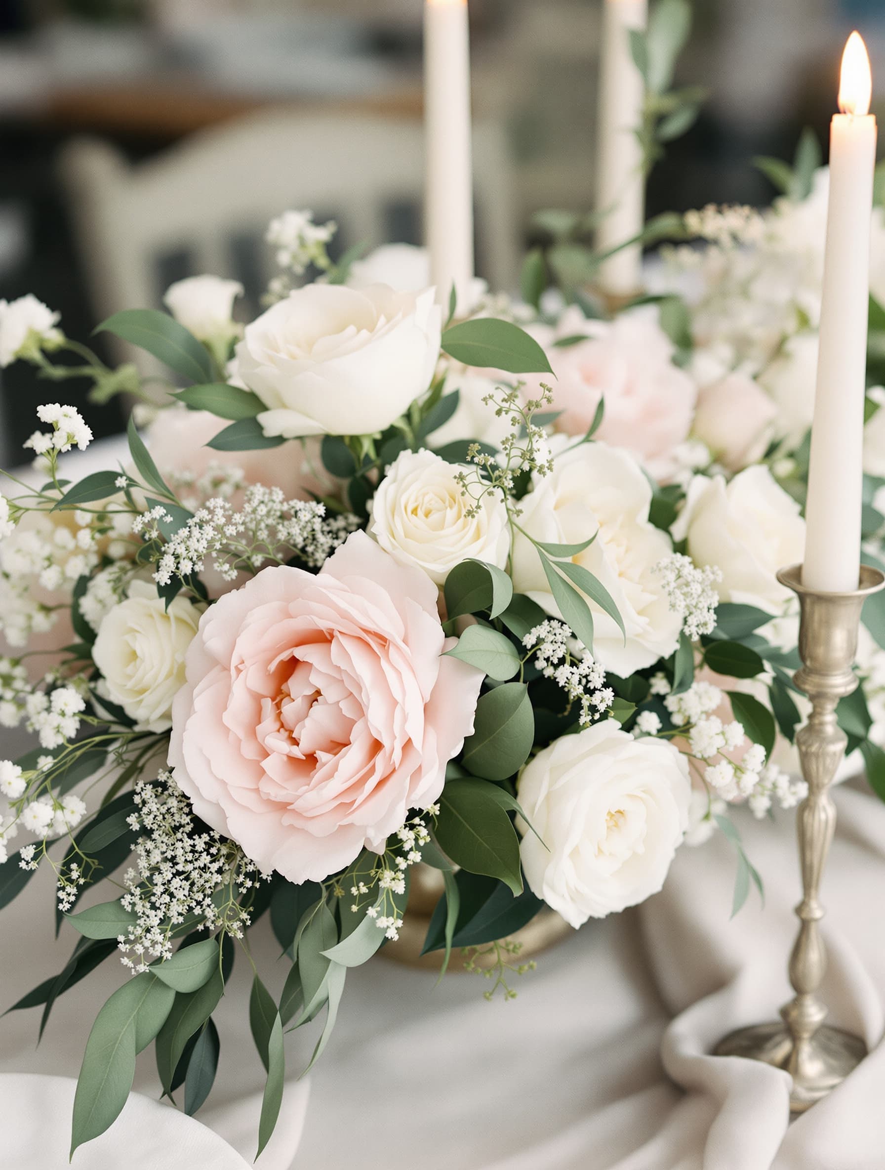 Floral table centerpiece of white roses, blush peonies and seasonal greenery with taper candles