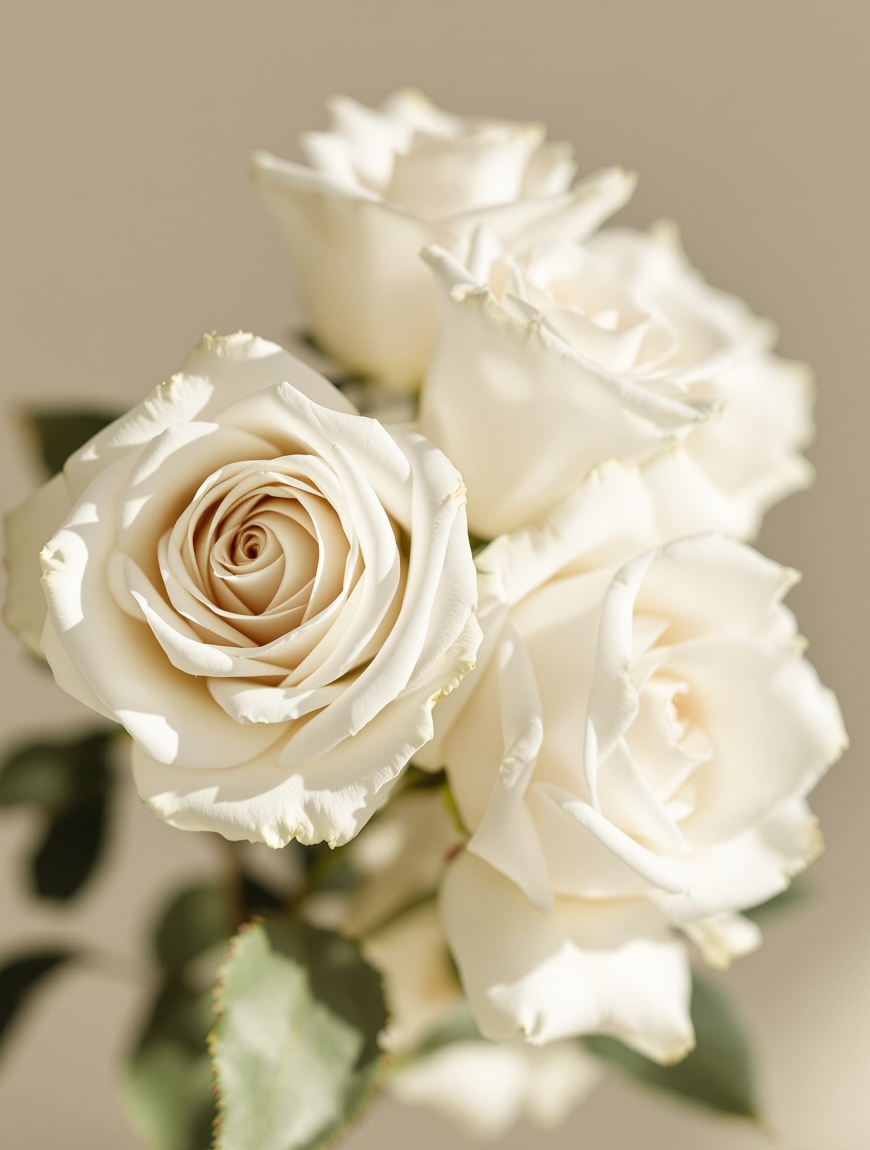 Macro detail of reflexed open white roses in soft natural light