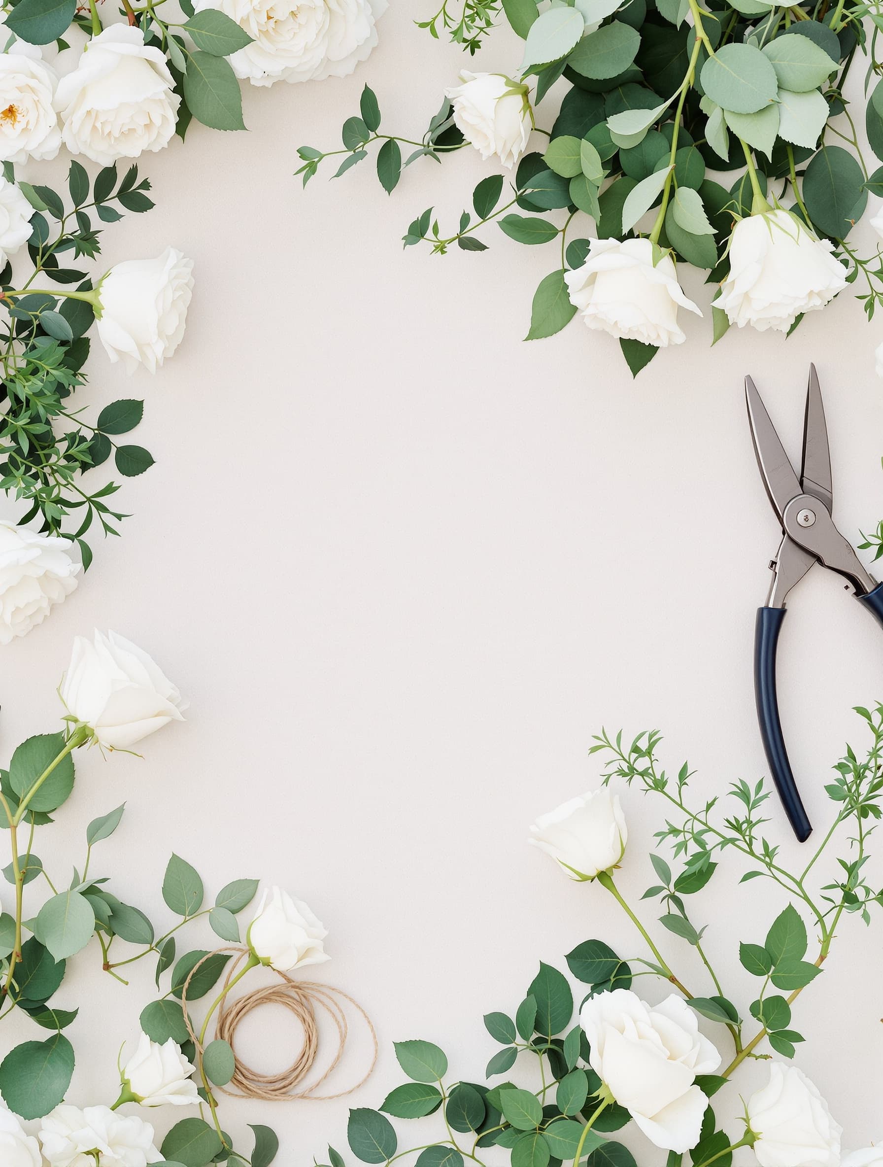 Flat lay of fresh-cut white roses, greenery, twine and floristry shears on cream linen
